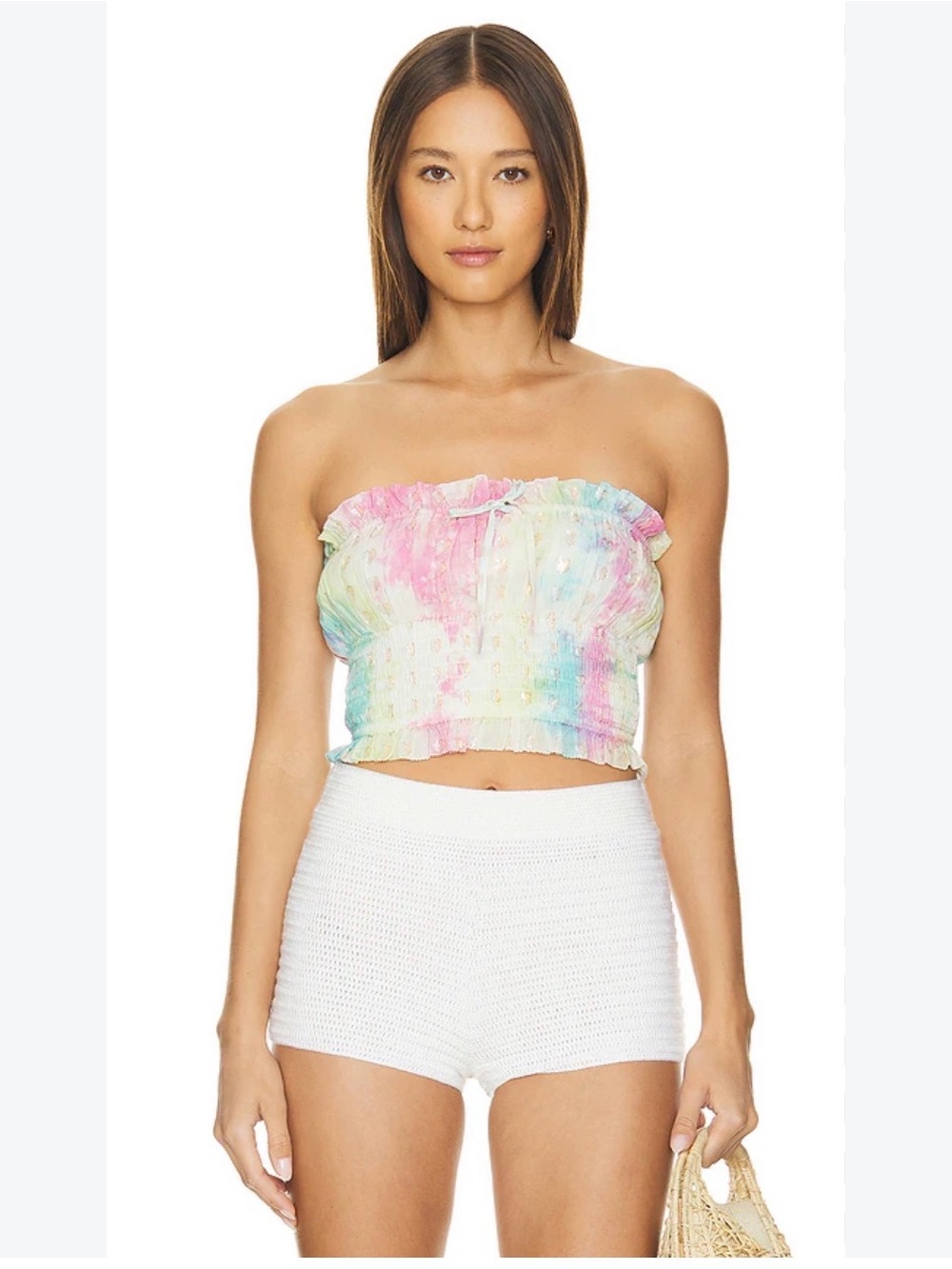 MAJORELLE Pastel Tie-Dye Smocked Strapless Crop Top
